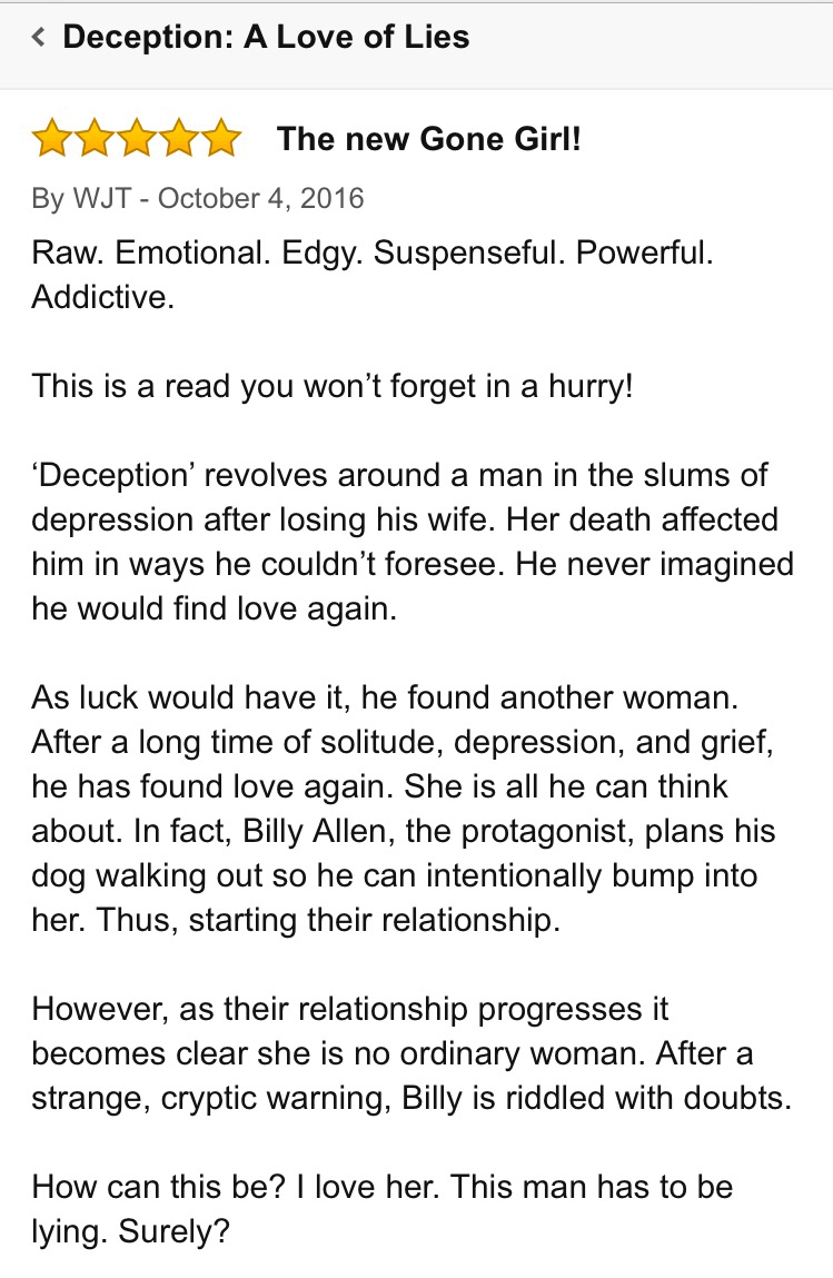 5 star review of Deception: A Love of Lies