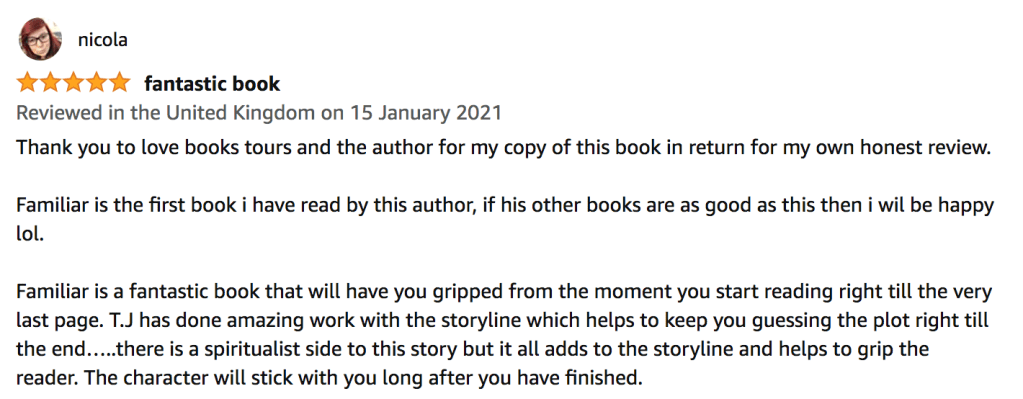 5 star book review on Amazon UK for Familiar by T. J. Blake